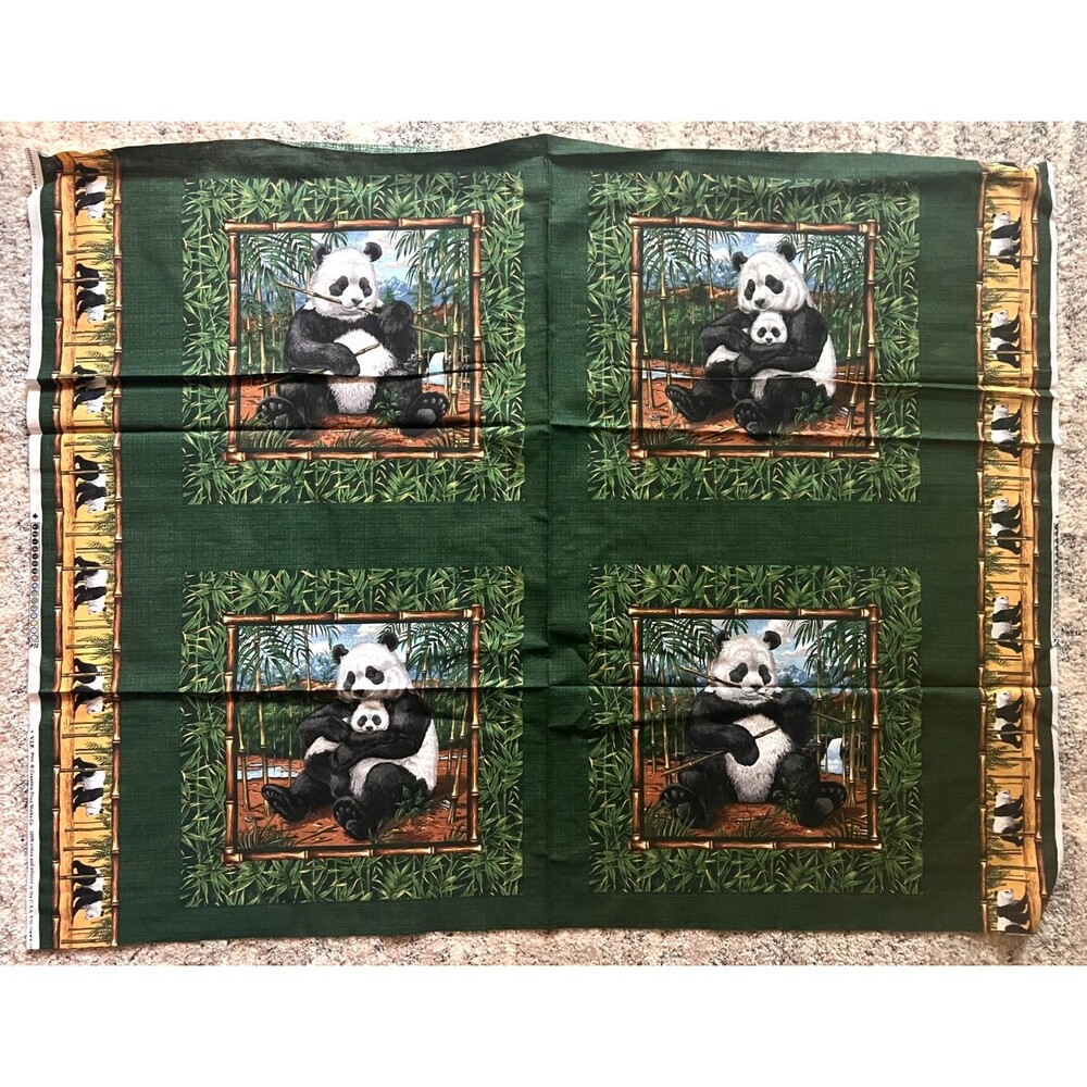 Panda Bear Fabric Quilting Pillow Panel Cotton 35” X 45” Green Bamboo Craft Sew